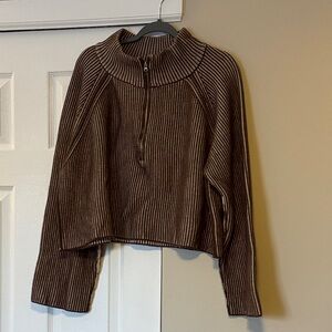 Zenana Brown Striped 1/4 Zip Sweater